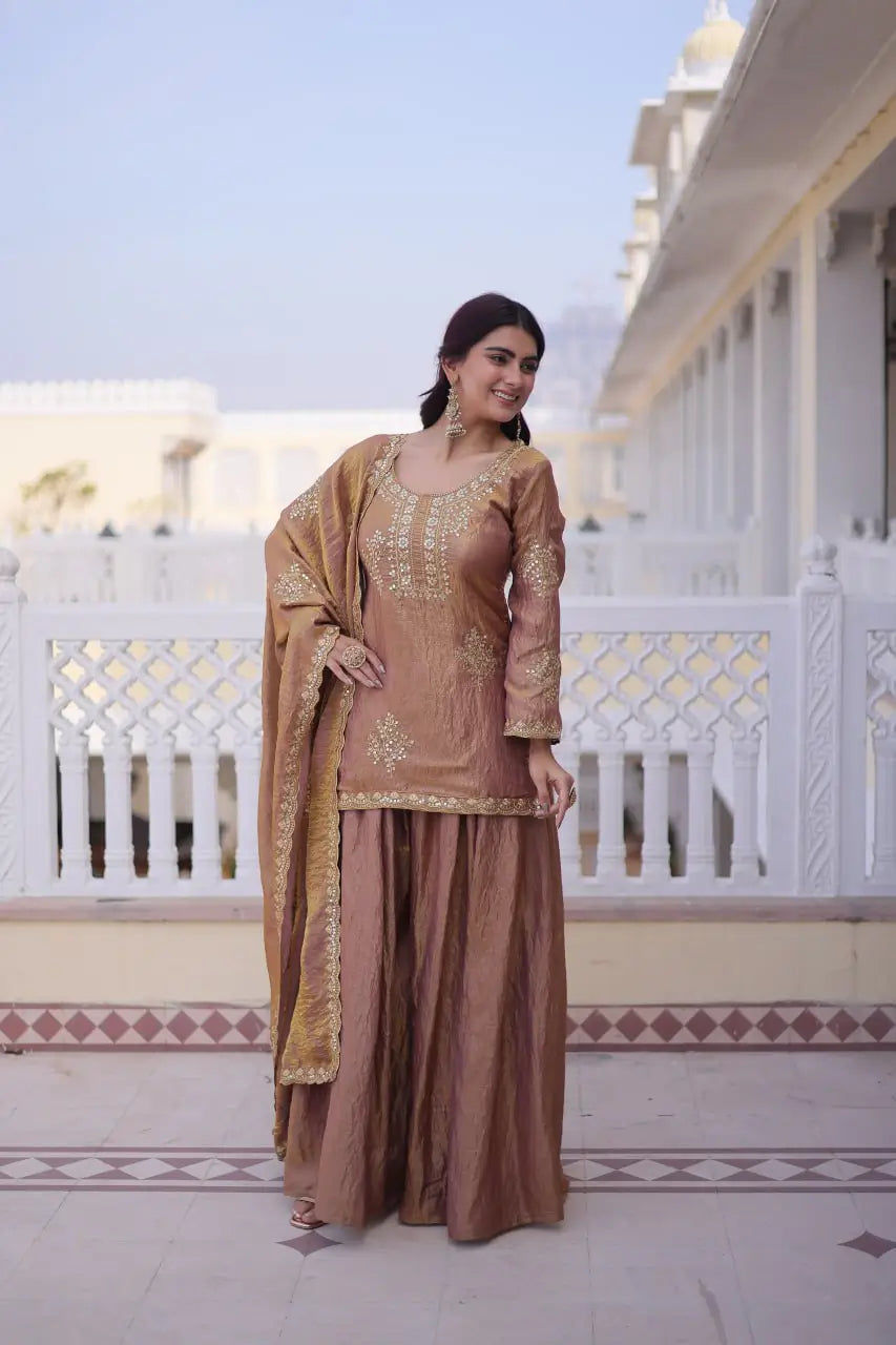 Zari Sequins Embroidered Fendi Crush Kurti Sharara Set