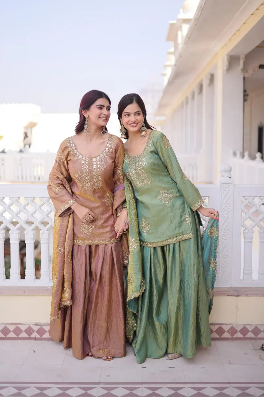 Zari Sequins Embroidered Fendi Crush Kurti Sharara Set