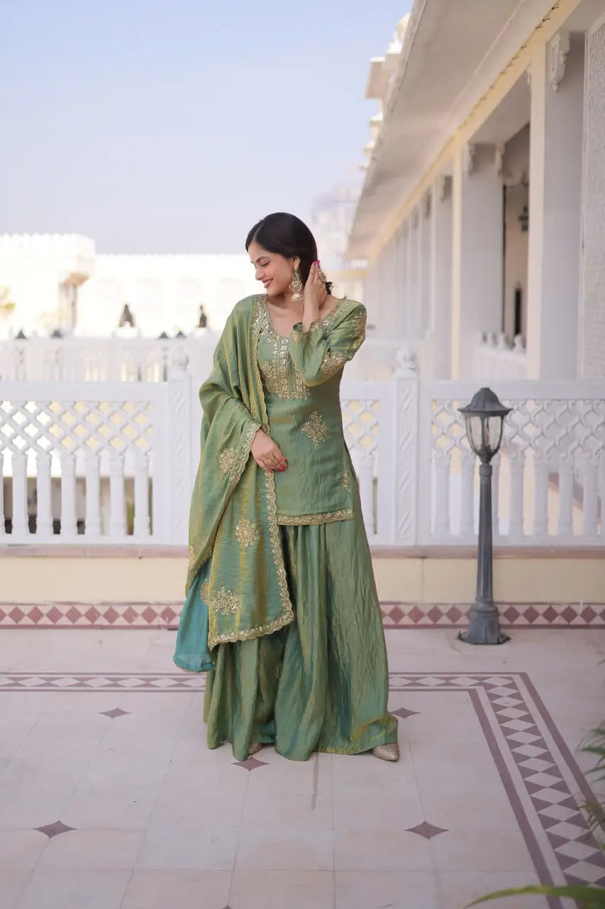 Zari Sequins Embroidered Fendi Crush Kurti Sharara Set