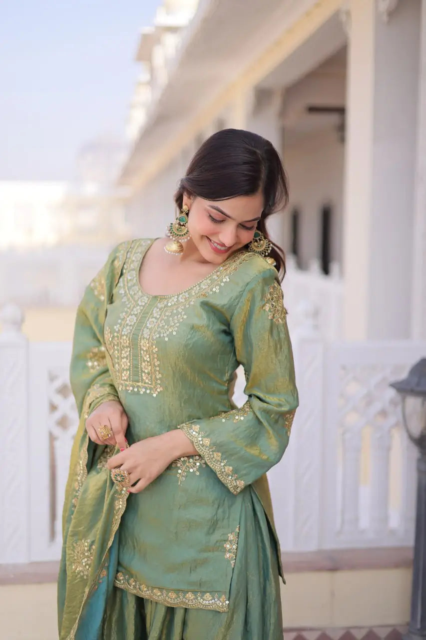 Zari Sequins Embroidered Fendi Crush Kurti Sharara Set
