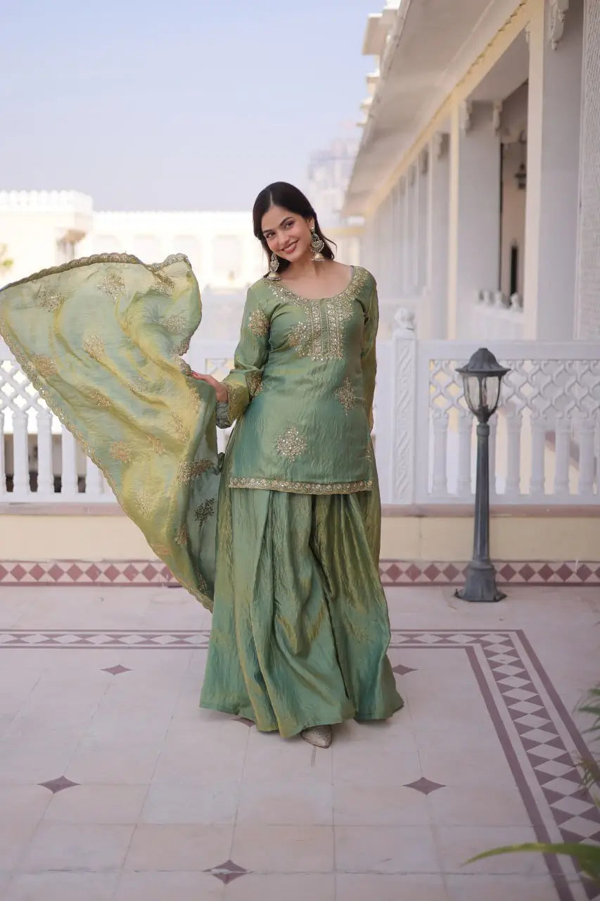 Zari Sequins Embroidered Fendi Crush Kurti Sharara Set