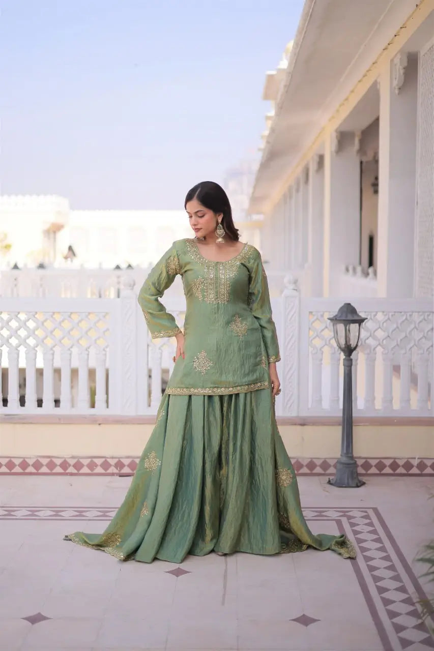 Zari Sequins Embroidered Fendi Crush Kurti Sharara Set