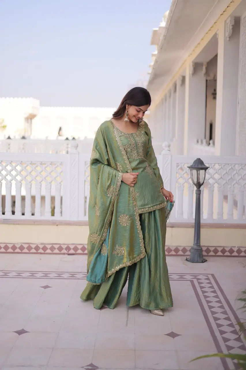 Zari Sequins Embroidered Fendi Crush Kurti Sharara Set