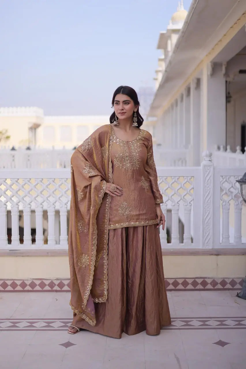 Zari Sequins Embroidered Fendi Crush Kurti Sharara Set