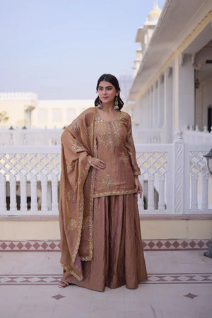 Zari Sequins Embroidered Fendi Crush Kurti Sharara Set