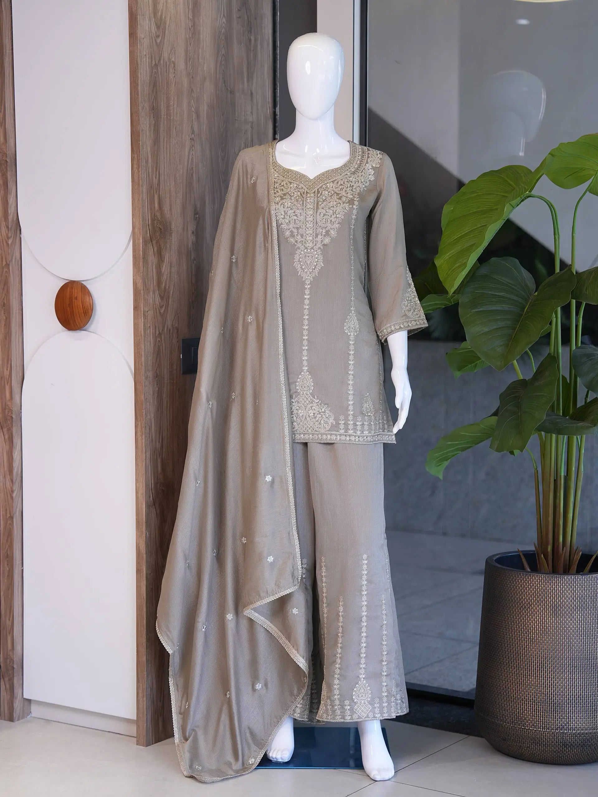 Zazu Silk Kurta Palazzo With Zari Embroidery