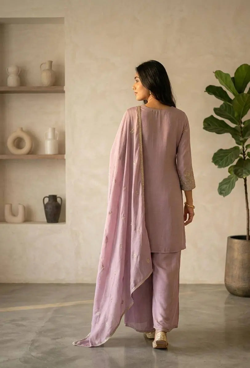 Zazu Silk Kurta Palazzo With Zari Embroidery