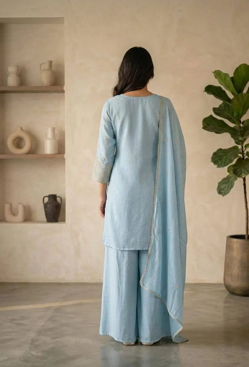 Zazu Silk Kurta Palazzo With Zari Embroidery