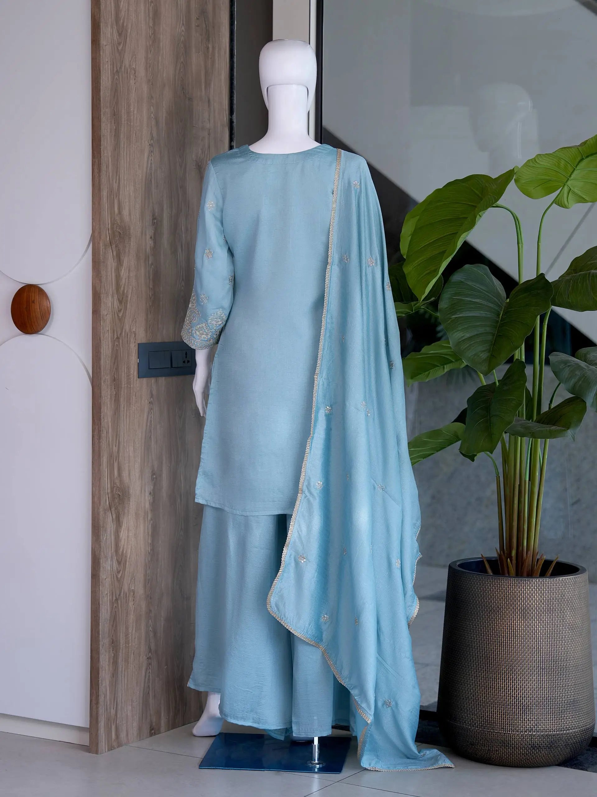 Zazu Silk Kurta Palazzo With Zari Embroidery