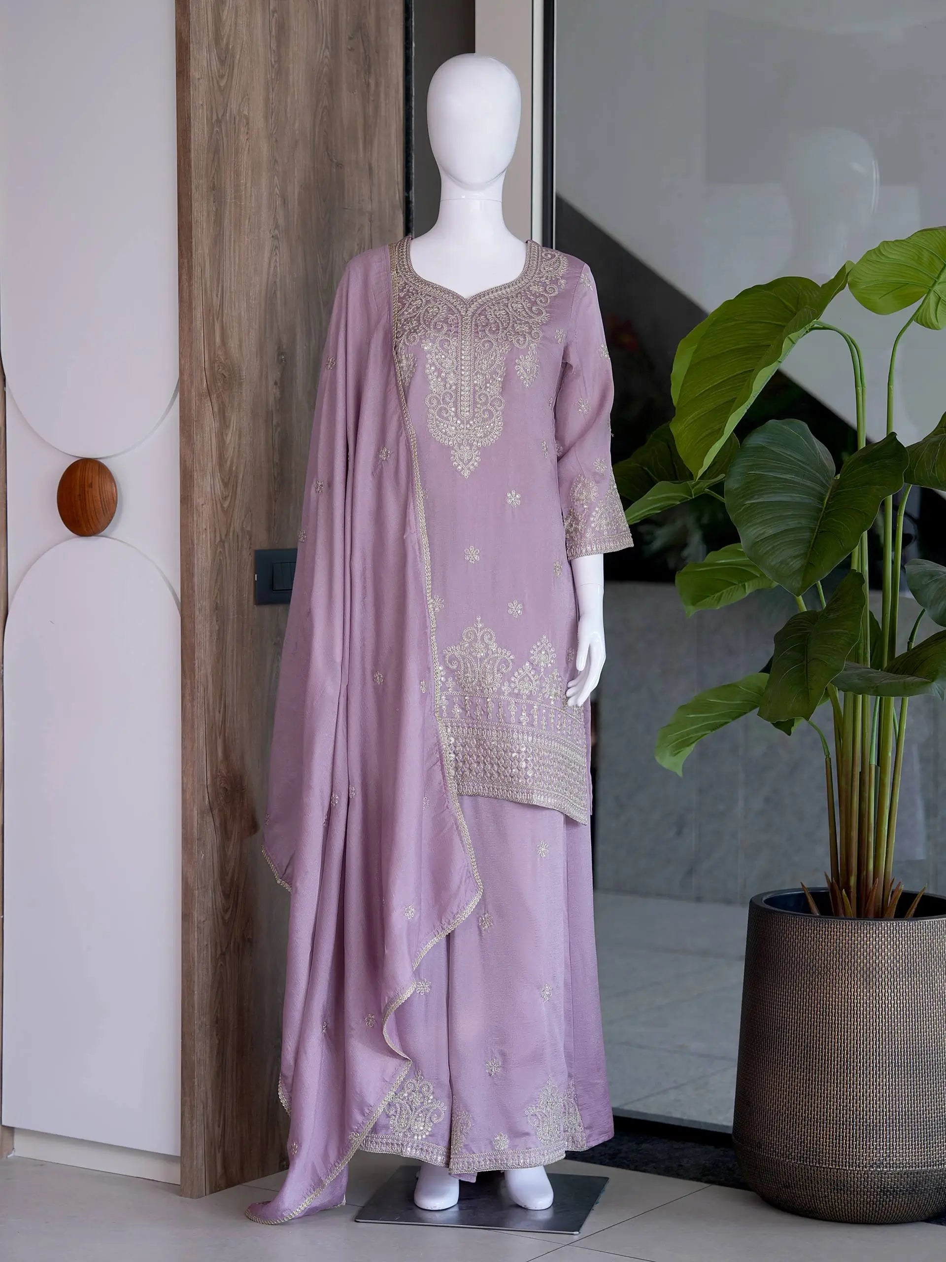 Zazu Silk Kurta Palazzo With Zari Embroidery