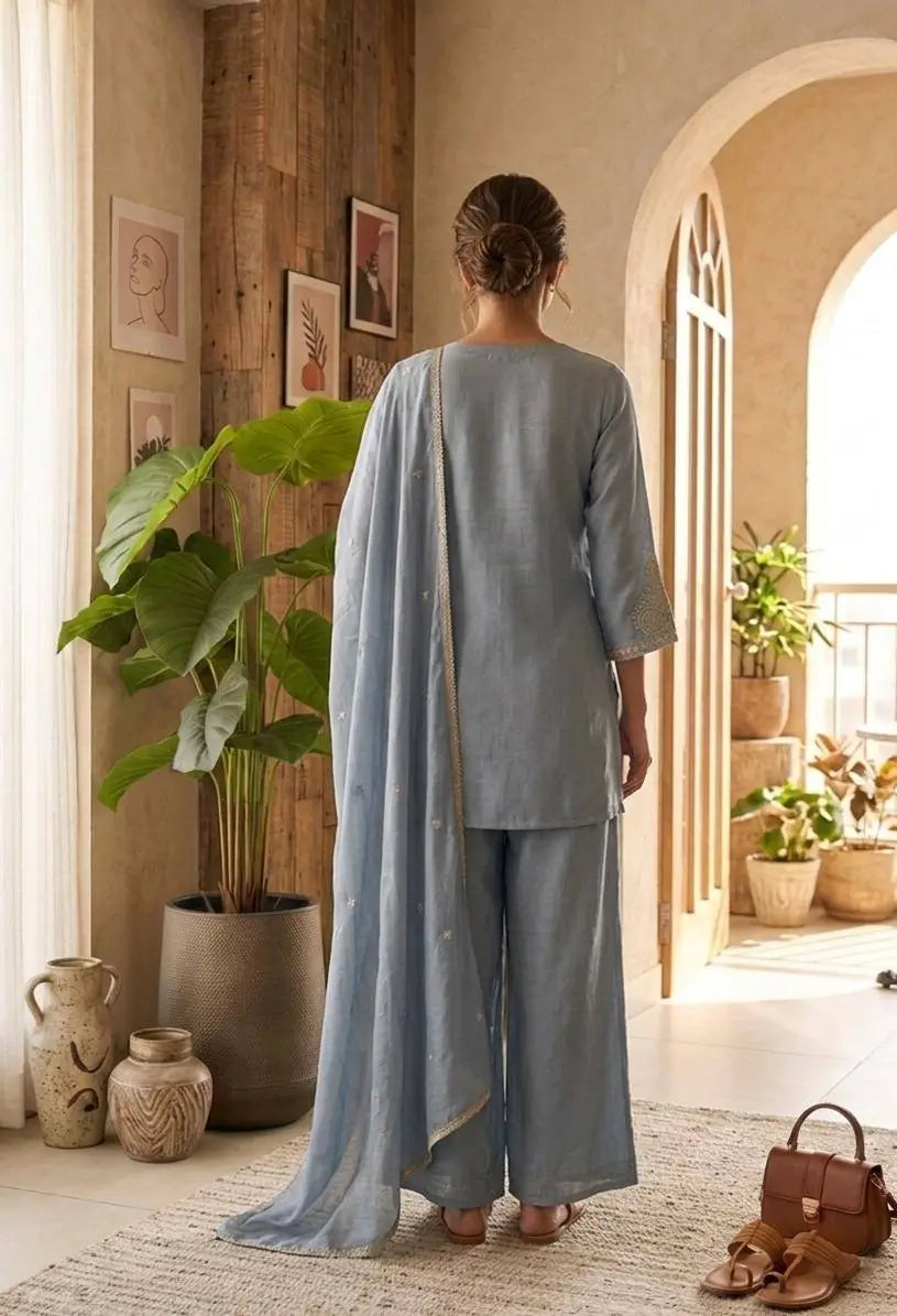 Zazu Silk Kurta Palazzo With Zari Embroidery