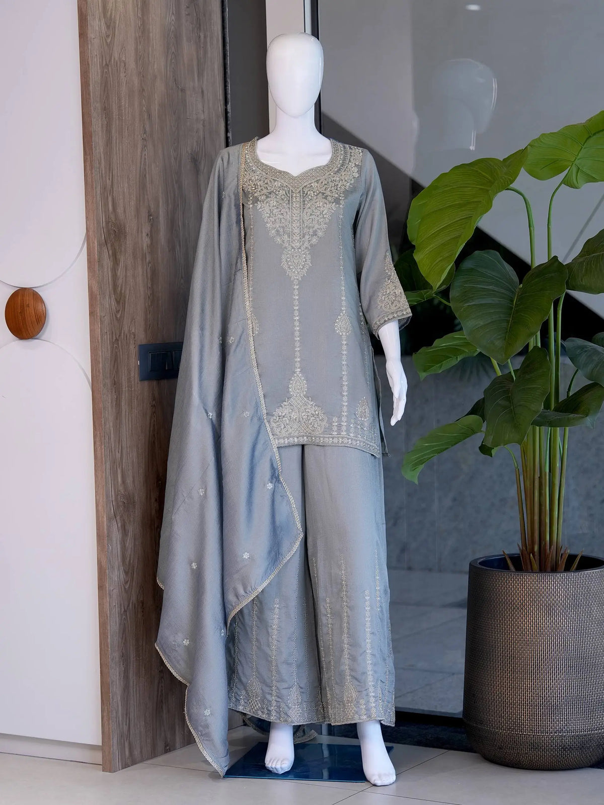 Zazu Silk Kurta Palazzo With Zari Embroidery