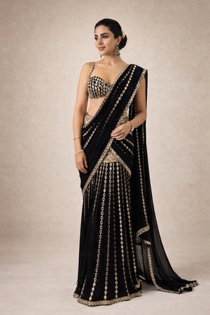 Black & Red Ready-to-Wear Mirror Work Faux Georgette Saree Set