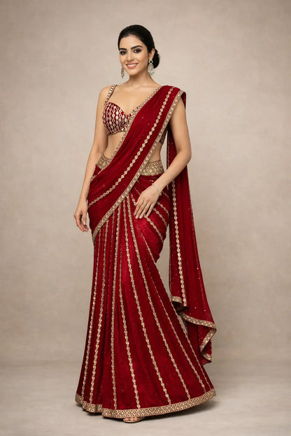 Black & Red Ready-to-Wear Mirror Work Faux Georgette Saree Set
