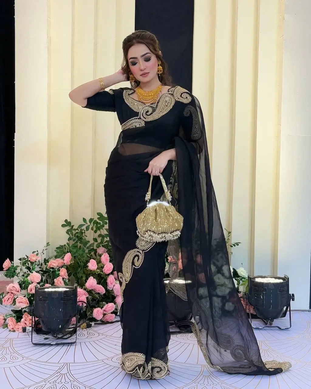 black Rangoli Silk Zari Embroidered Saree with Designer Blouse for special occasions