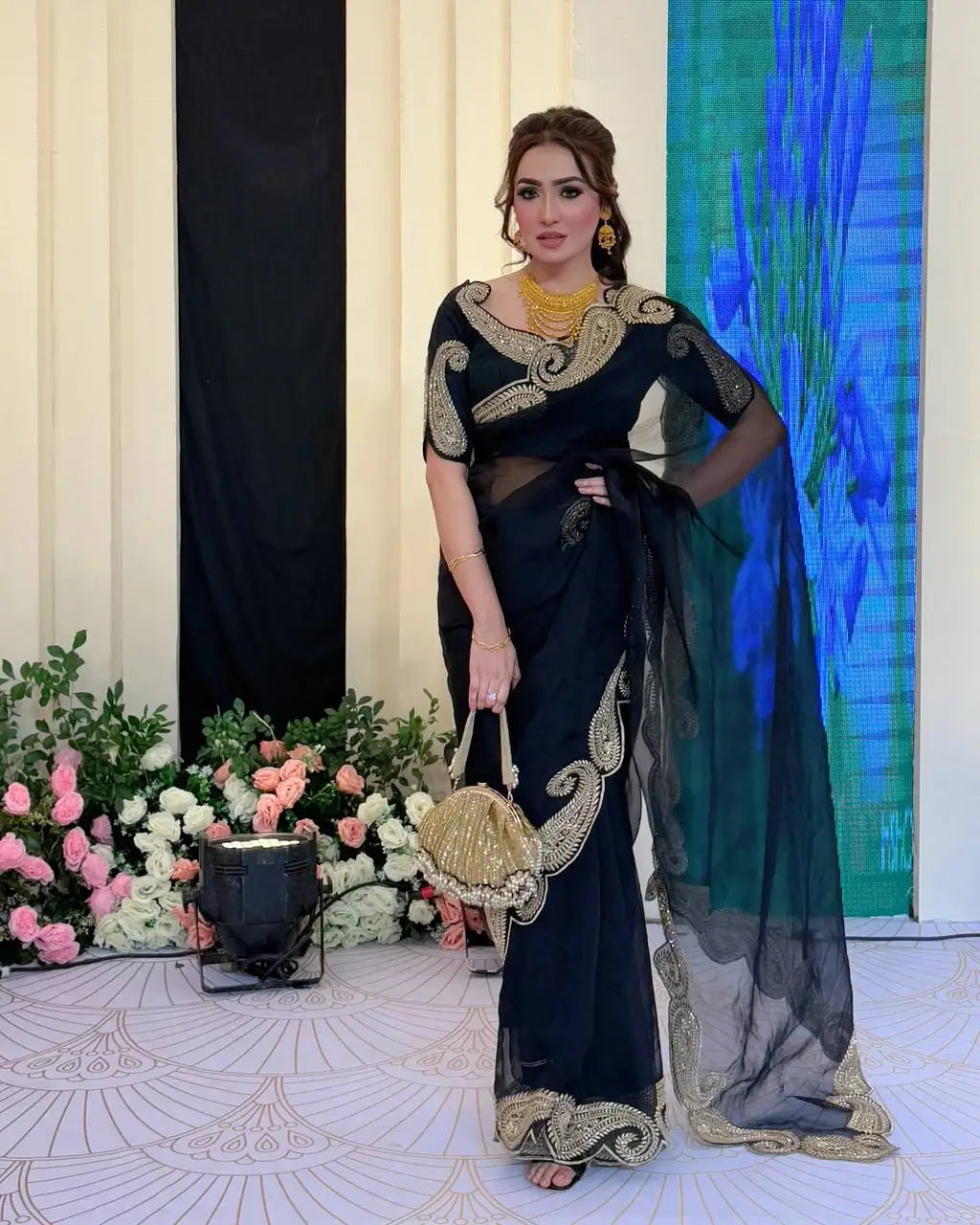 black Rangoli Silk Zari Embroidered Saree with Designer Blouse for special occasions