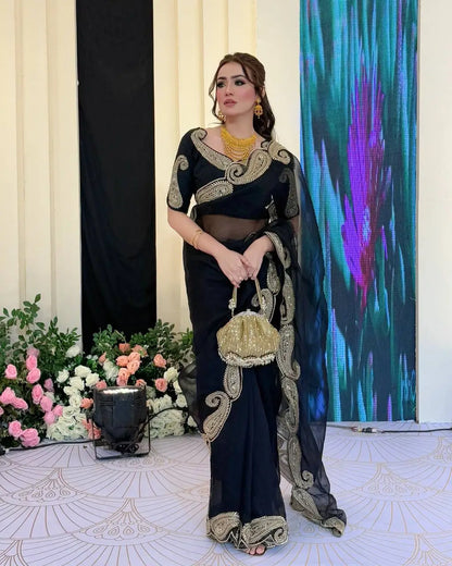 black Rangoli Silk Zari Embroidered Saree with Designer Blouse for special occasions