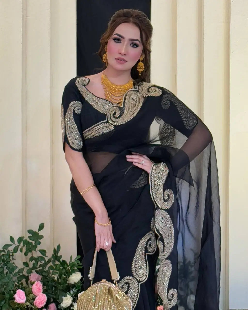 black Rangoli Silk Zari Embroidered Saree with Designer Blouse for special occasions