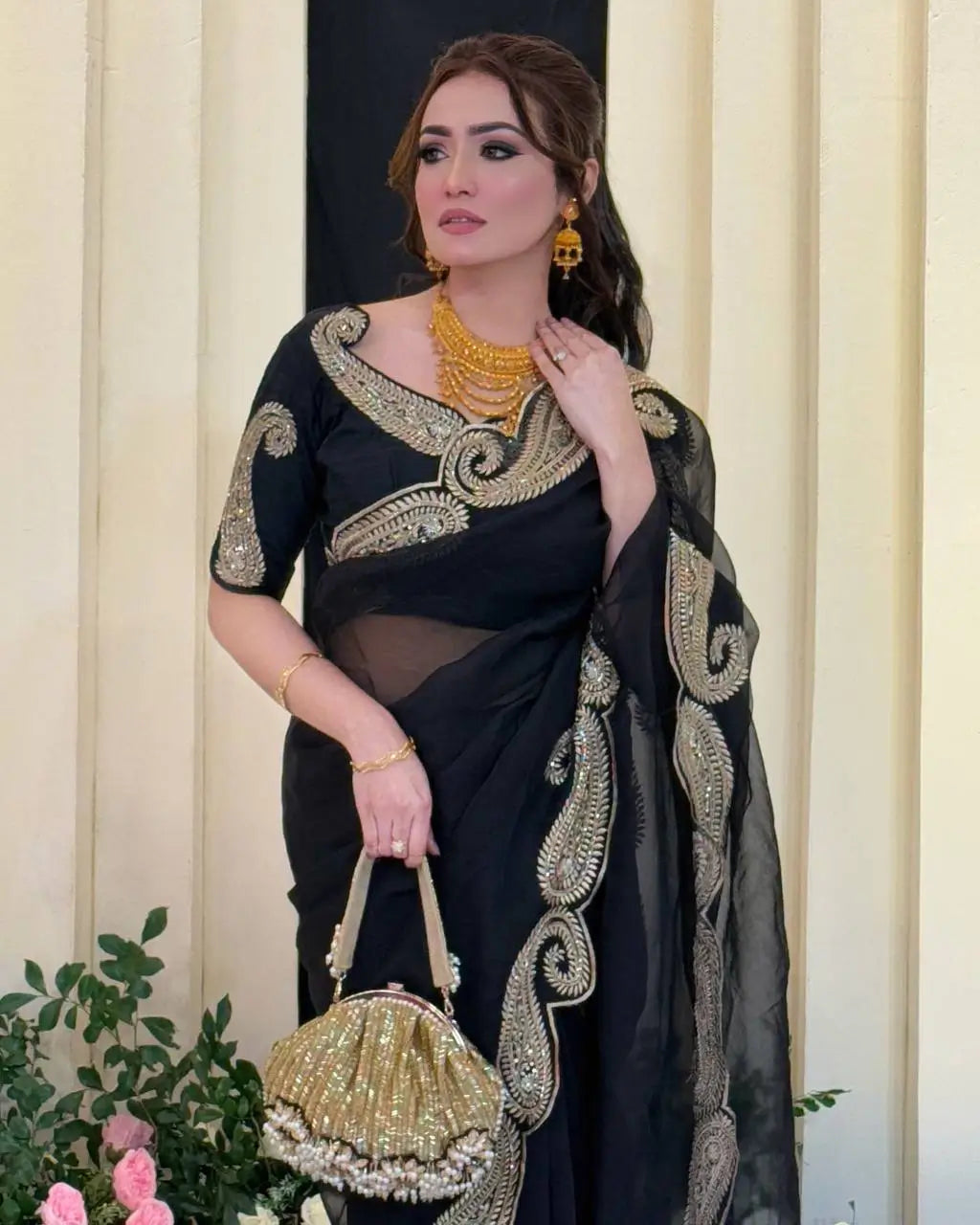 black Rangoli Silk Zari Embroidered Saree with Designer Blouse for special occasions