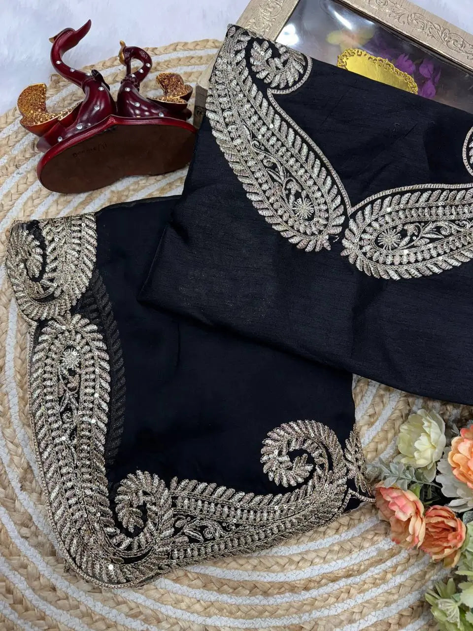 black Rangoli Silk Zari Embroidered Saree with Designer Blouse for special occasions