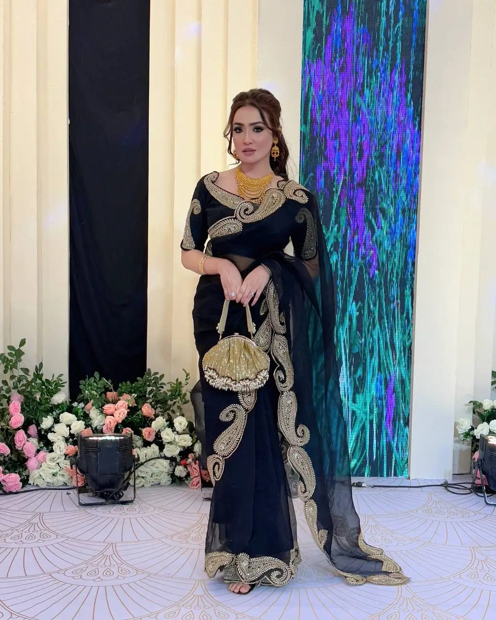 black Rangoli Silk Zari Embroidered Saree with Designer Blouse for special occasions
