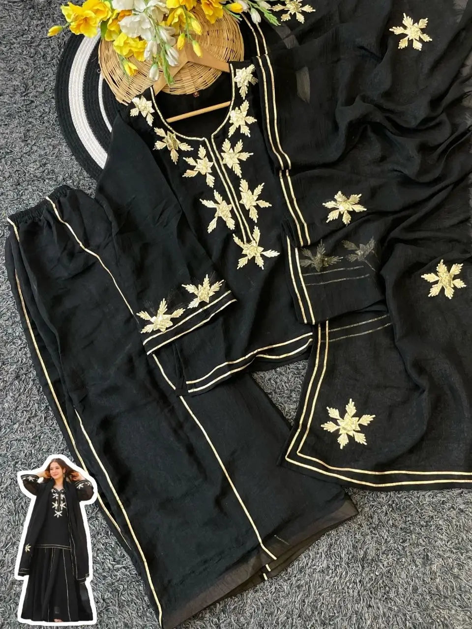 black Sharara Suit Set with gota pati for Festive and Party Wear in 4 colors
