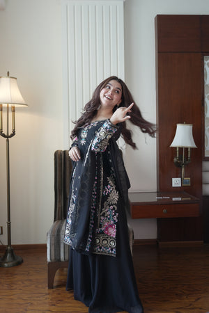 Classic Black Fox Georgette Sequins Embroidered Kurti Palazzo Set for Wedding & Festive Wear