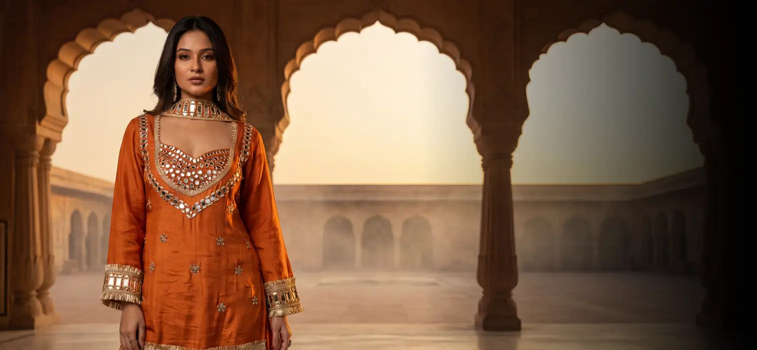 Burnt orange mirror embroidered festive suit with detailed neckline, styled in a luxury sandstone palace courtyard, left-aligned fashion campaign banner.