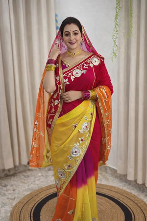 Traditional Bandhani Style Chiffon Saree with Gota patti Work