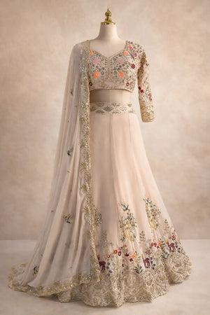 Blush Pink Floral Embroidered Faux Georgette Lehenga Set with 4 Meter Flare