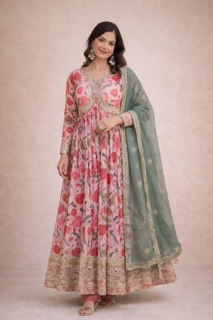 Printed Russian Silk Anarkali Gown with Embroidered Dupatta for Festive and Party Wear