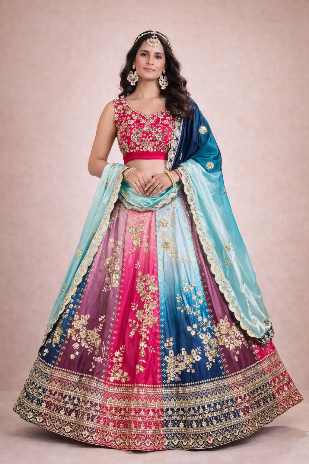 Embroidered Chinon Lehenga Choli with Dupatta for Wedding and Festive Wear