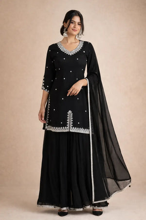 Embroidered Georgette Kurta Palazzo Set with Organza Dupatta for Festive and Party Wear