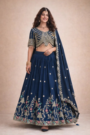Embroidered Vichitra Silk Lehenga Choli Set for Wedding and Festive Wear