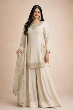 Embroidered Korean Satin Silk Kurta Sharara Set with Organza Dupatta for Festive and Party Wear