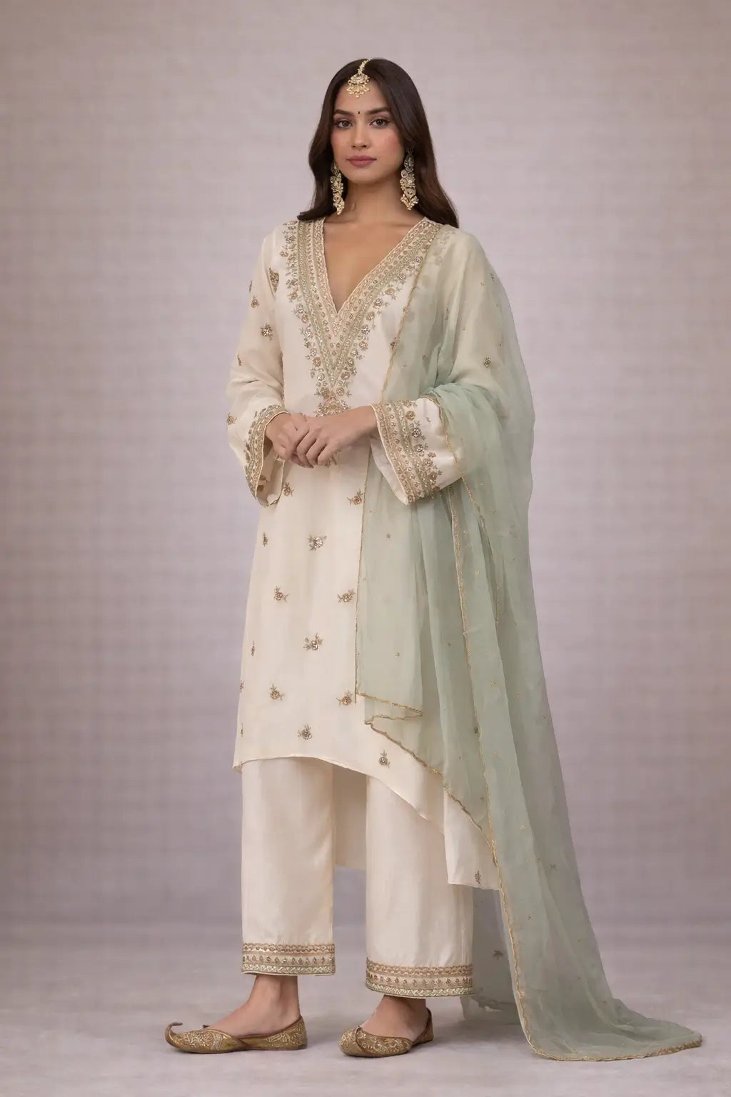 Embroidered Roman Silk Kurta Pant Set with Organza Dupatta for Festive and Party Wear