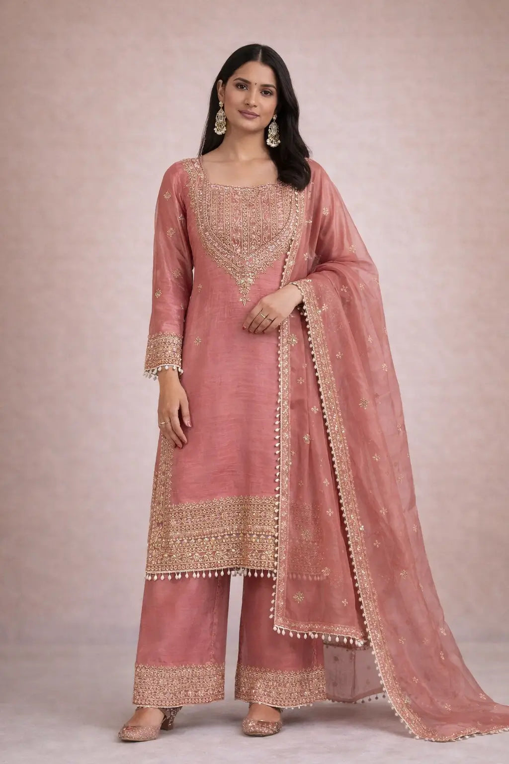 Embroidered Fendy Silk Kurta Sharara Set with Dupatta for Festive and Party Wear