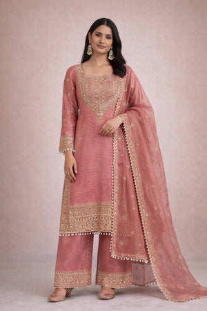 Embroidered Fendy Silk Kurta Sharara Set with Dupatta for Festive and Party Wear