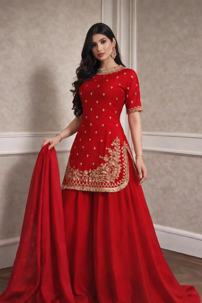 Embroidered C by C Faux Georgette Sharara Set with Dupatta