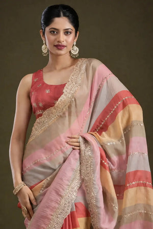 Goldy Silk Printed Saree with Zari & Sequins Embroidery