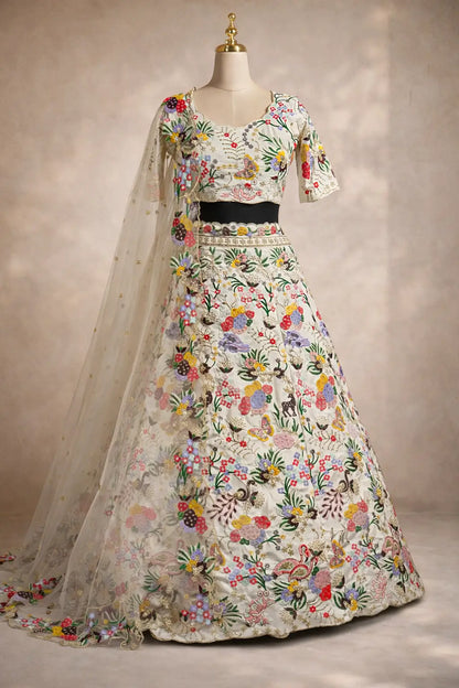 Ivory Floral Embroidered Masti Silk Lehenga Set for Wedding and Festive Occasions