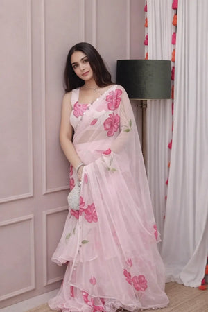 Blush Pink Floral Frill Ready-to-Wear Saree