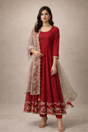 Embroidered Faux Georgette Gown Set with Organza Dupatta for Wedding and Festive Wear