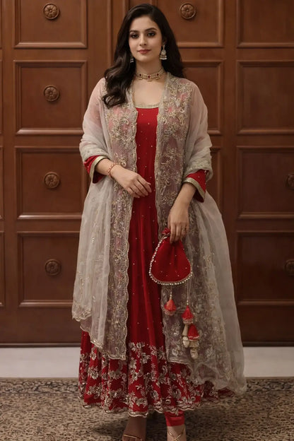 Embroidered Faux Georgette Gown Set with Organza Dupatta for Wedding and Festive Wear