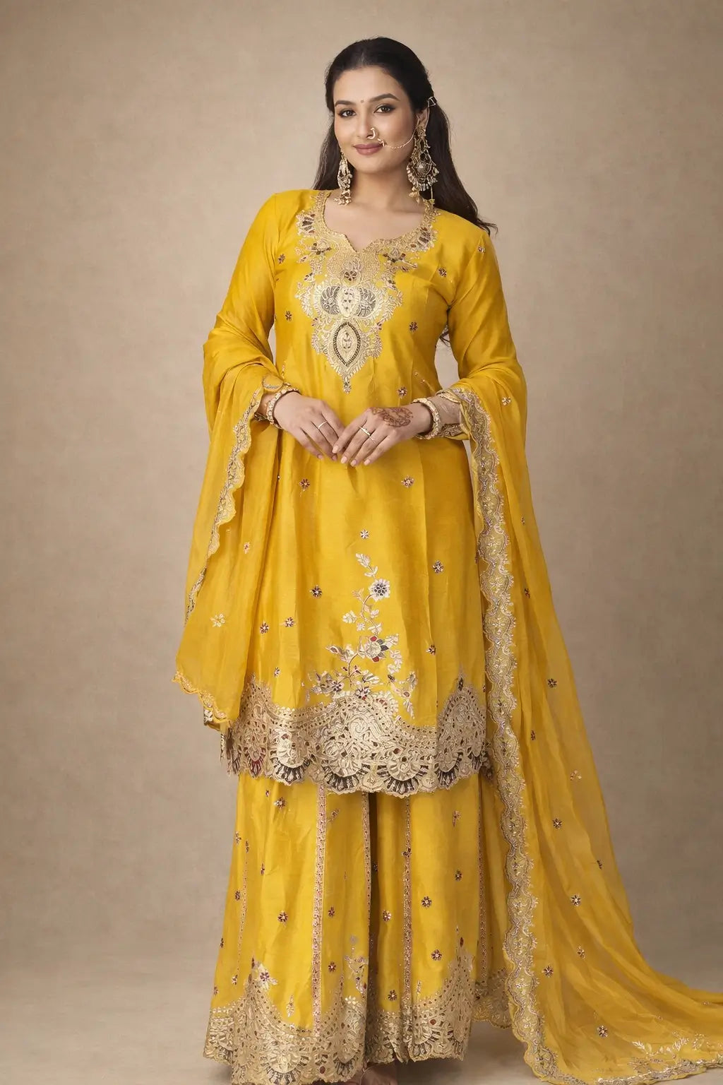 Sunshine Yellow Chinon Embroidered Palazzo Set