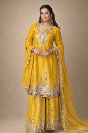 Sunshine Yellow Chinon Embroidered Palazzo Set