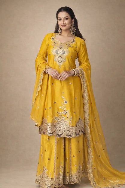 Sunshine Yellow Chinon Embroidered Palazzo Set