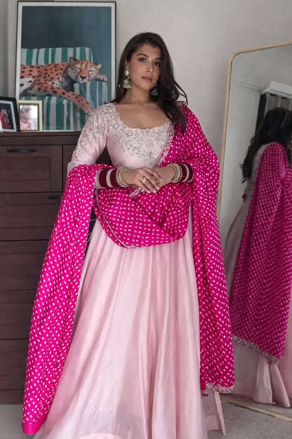 Natural Crepe Silk Embroidered Gown Set for Festive and Party Wear