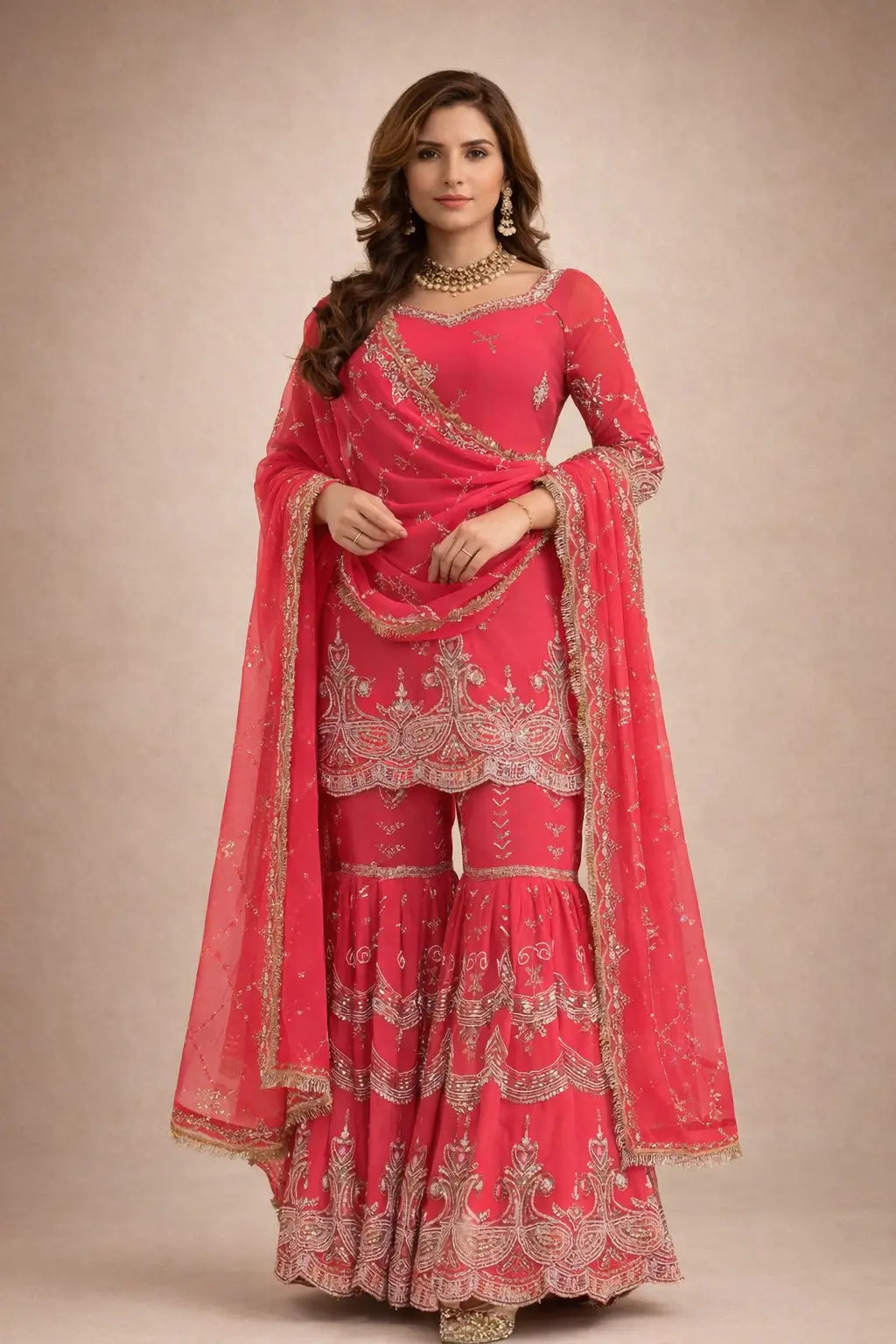 Royal Red Embroidered Sharara Set for Wedding and Festive Wear