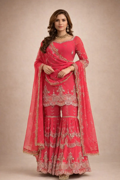 Royal Red Embroidered Sharara Set for Wedding and Festive Wear